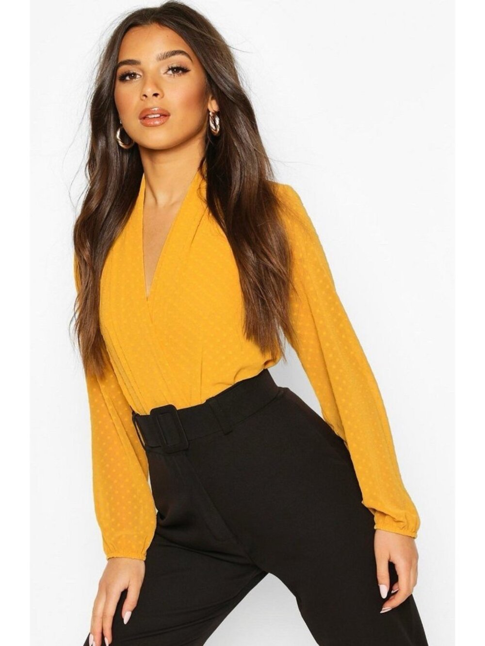 V Neck Long Sleeve Faux Wrap One Piece Bodysuit Woven Blouse Top Yellow L 10